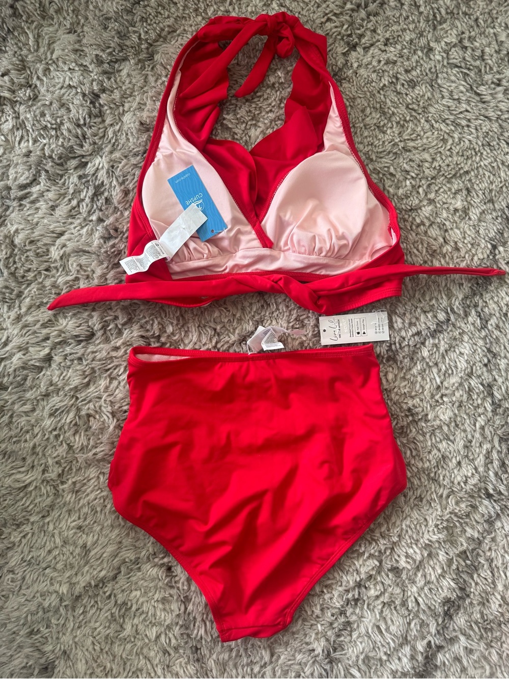 Cupshe Red Ruffled Halter High-Waist Bikini Set - Tummy Control - Picture 5 of 5